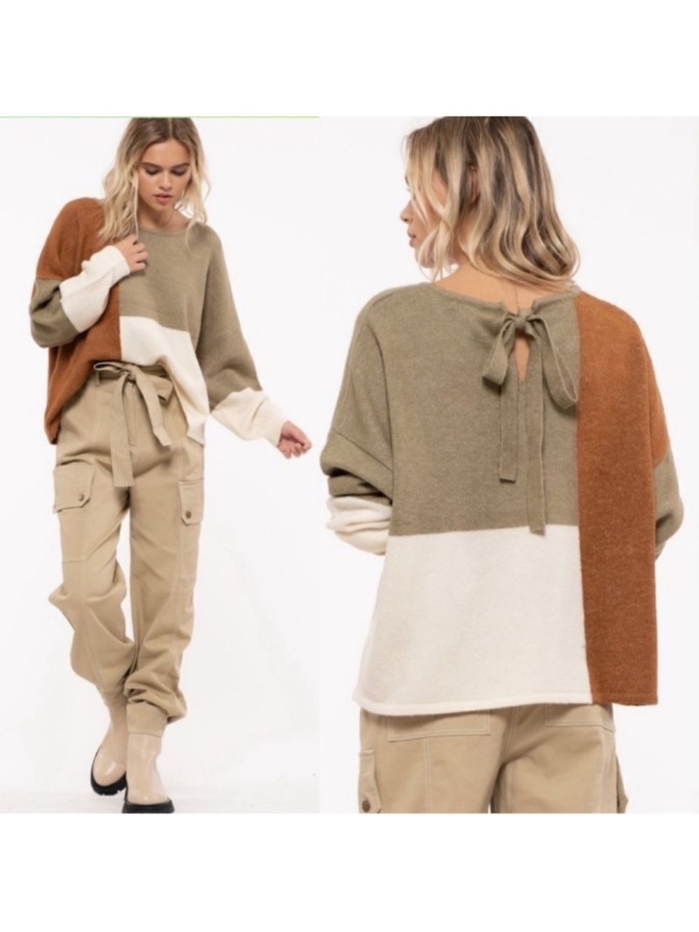 Trendy M-L Green Brown Ivory Color Block Knit Back Tie Sweater